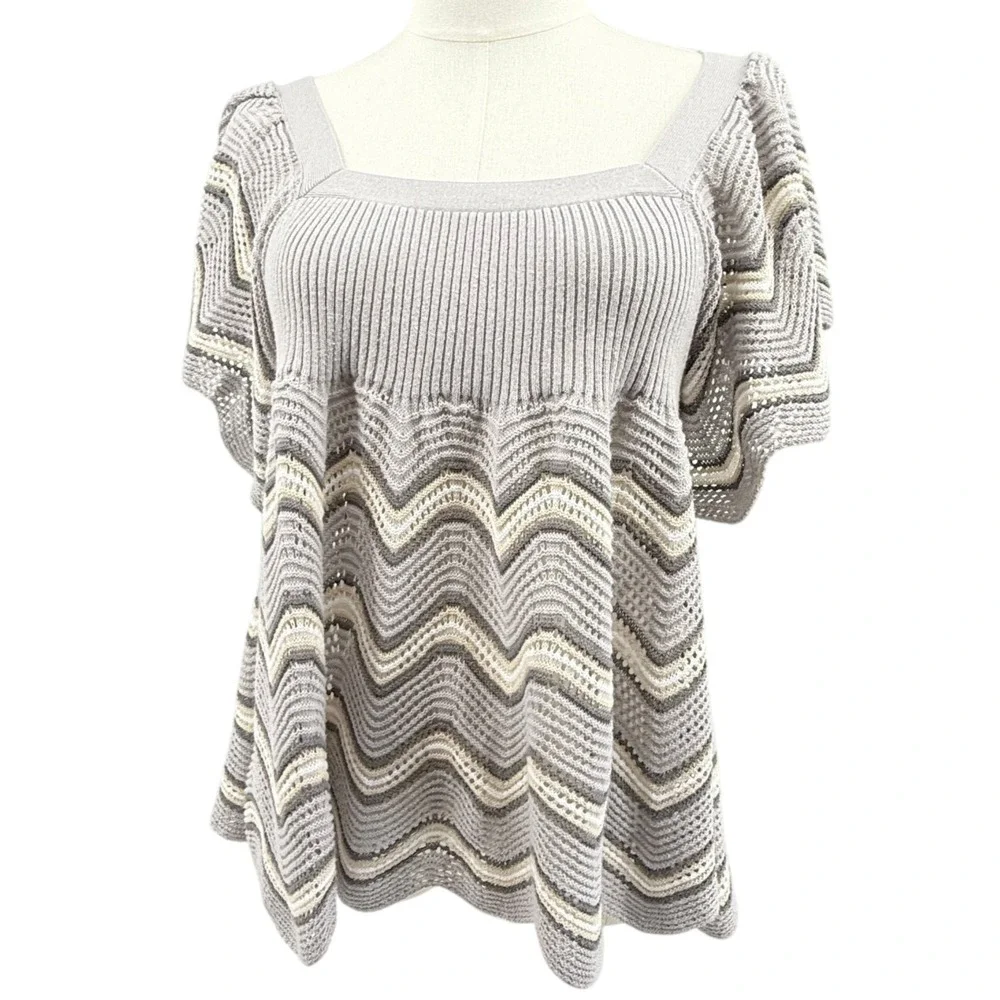 Y2K Free People Women's‎ Crochet Knit Top Large Grey Chevron Square Neck Boho